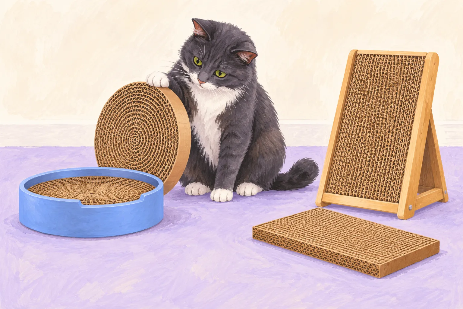 Gouache illustration of a gray cat beside round and rectangular cardboard scratchers and their matching replacement pads.