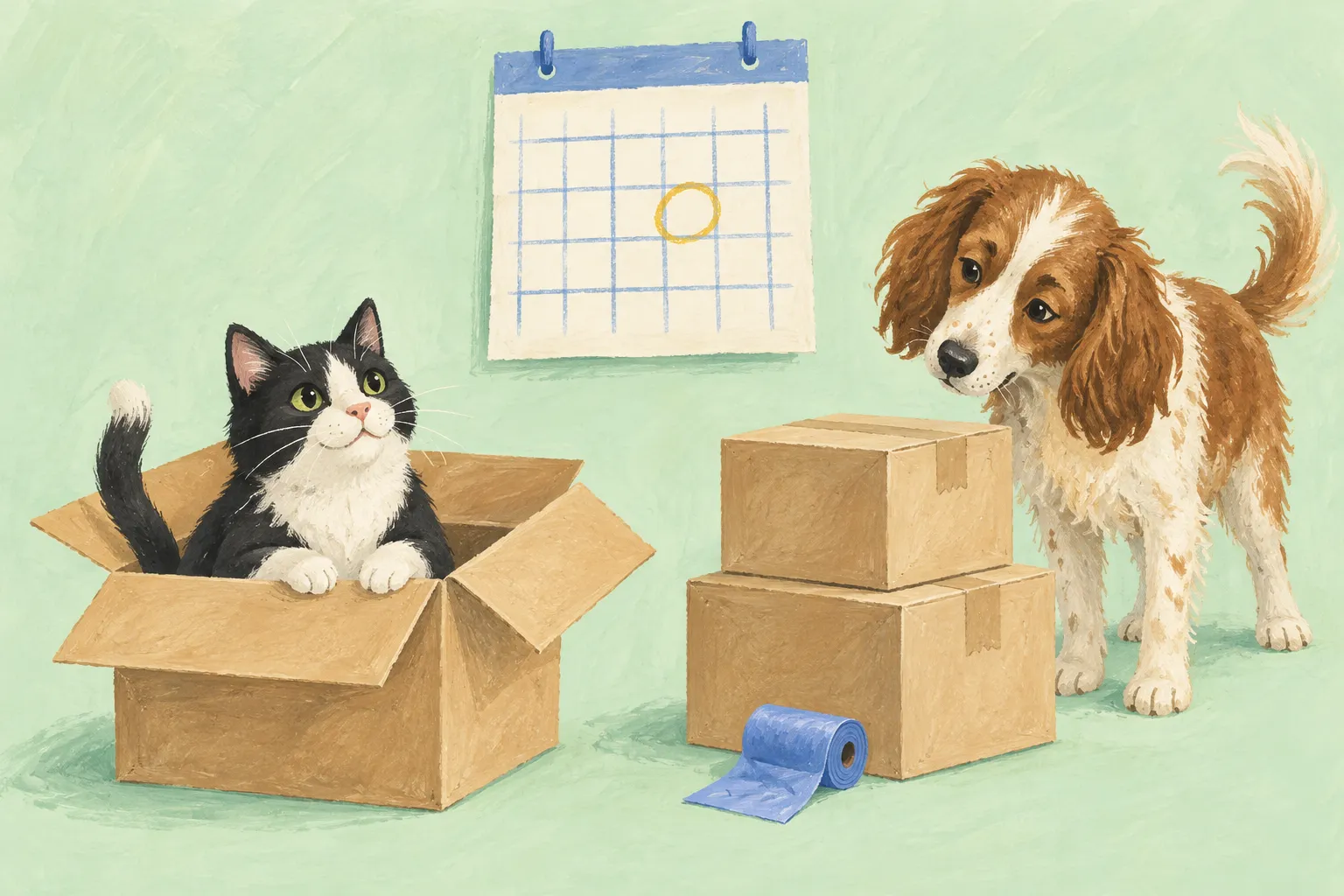 Gouache illustration of a cat in a shipping box and a dog beside parcels under a calendar.