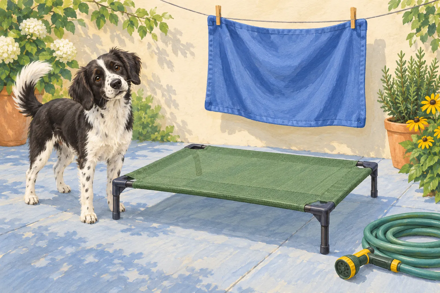 Gouache illustration of a dog beside a green raised cot, a spare cover on a clothesline, and a coiled hose.