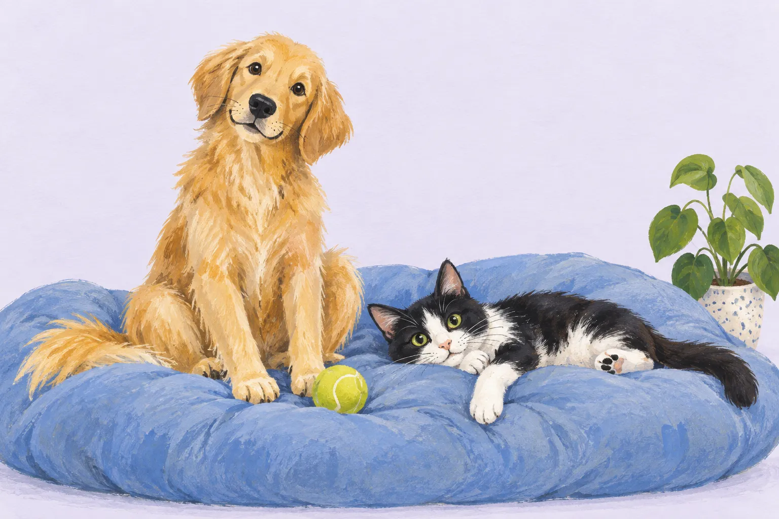 An illustration of a golden dog and a black-and-white cat sharing a blue cushion.