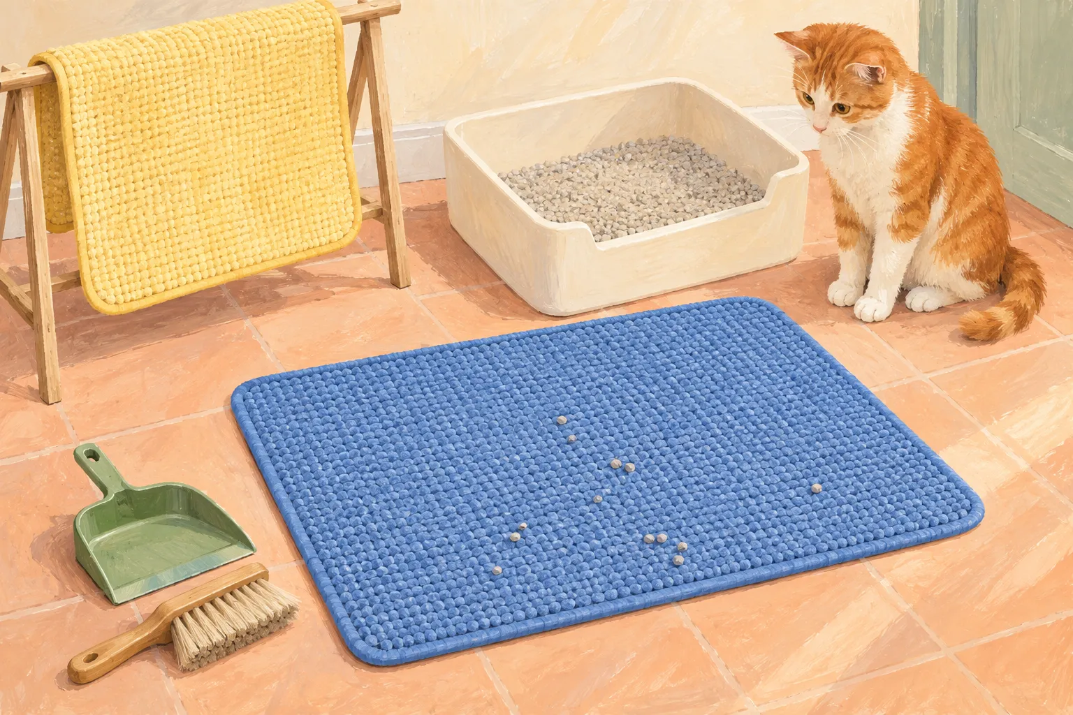 Gouache illustration of an orange cat beside a litter tray, a blue mat and dustpan, and a yellow mat on a drying rail.