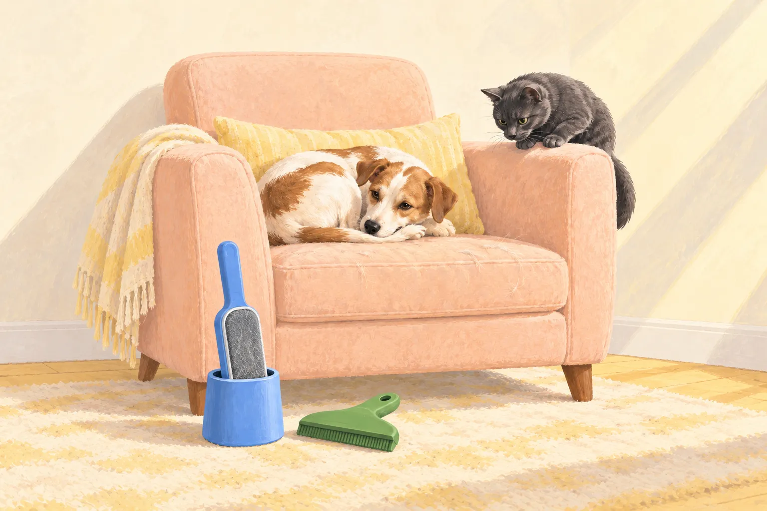 Gouache illustration of a dog and cat on a peach armchair beside a blue lint brush and a green handheld blade.